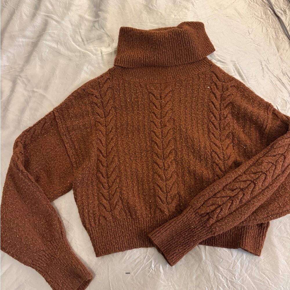 Cable Knit Turtleneck Sweater - Brown